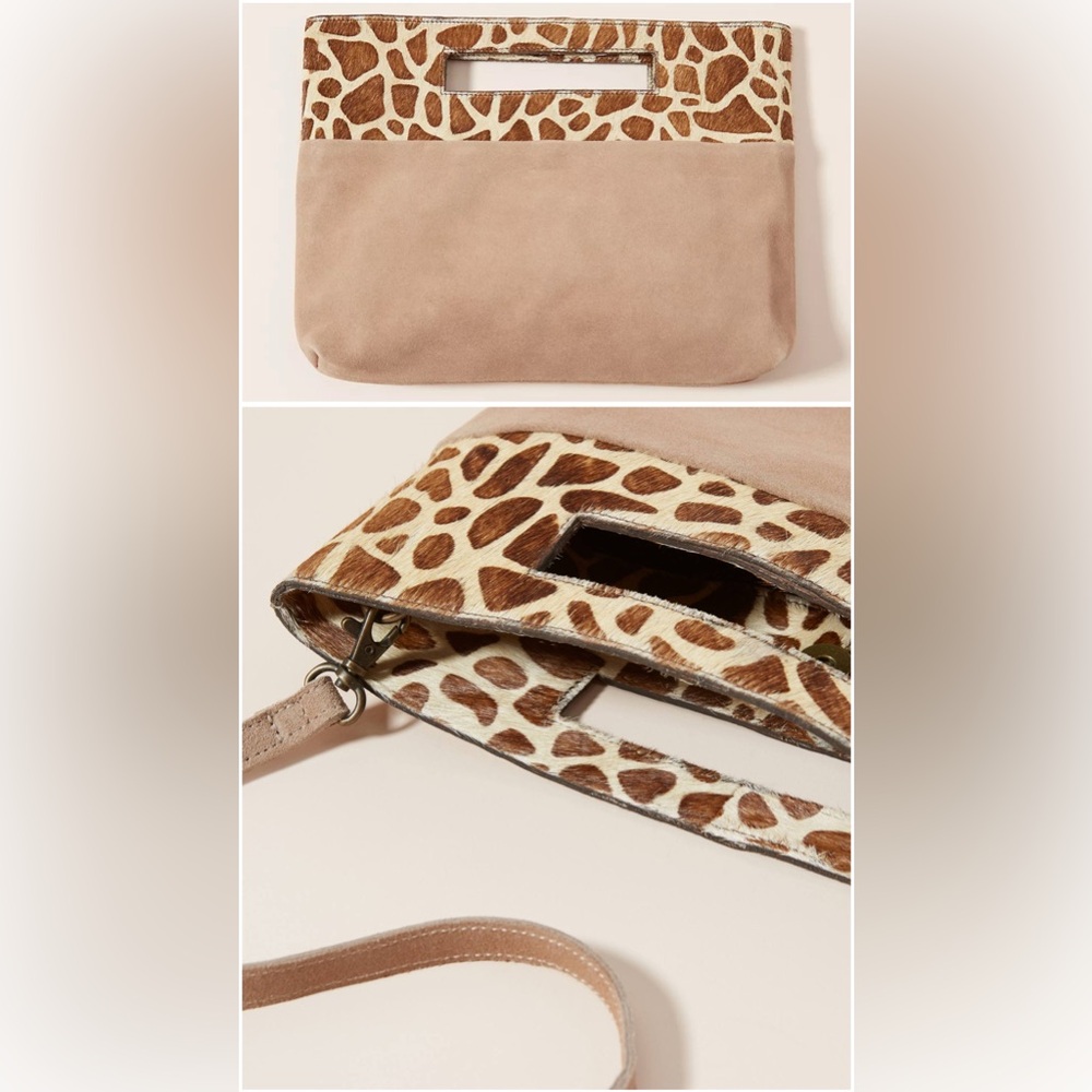 Anthropologie Suede Verona Textured Clutch Crossbody Bag Giraffe Print Leather